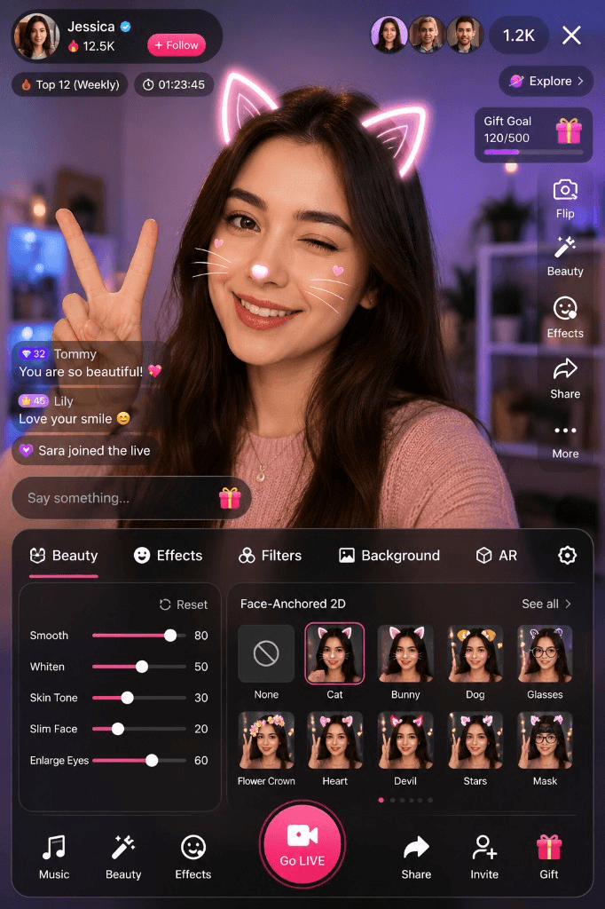 WaveLens Online camera filters SDK showing beauty sliders and AR stickers in a live app